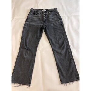 LOFT Jeans 4 / 27 Black High Waist Straight Crop Raw Hem Button Fly Distressed